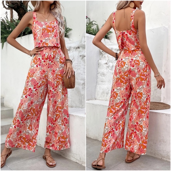 Pants - Boho Floral Print Wide Leg Jumper Jumpsuit